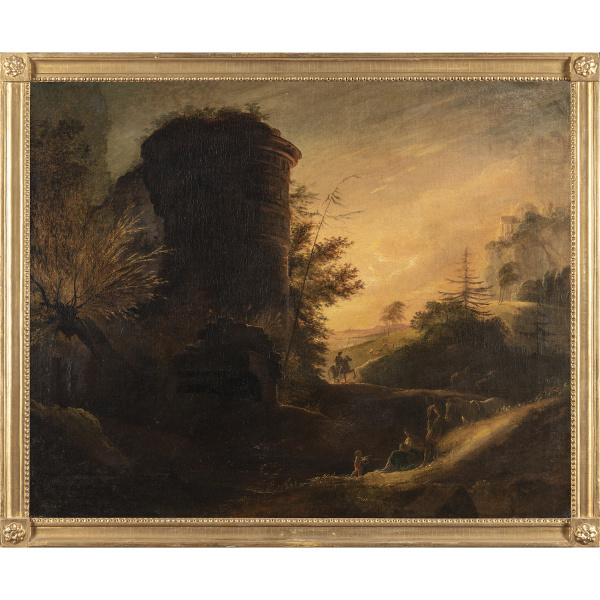 Иоганн Генрих Рамберг «Пейзаж с башней и фигурой всадника на закате»