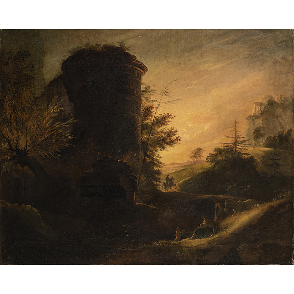 Иоганн Генрих Рамберг «Пейзаж с башней и фигурой всадника на закате»