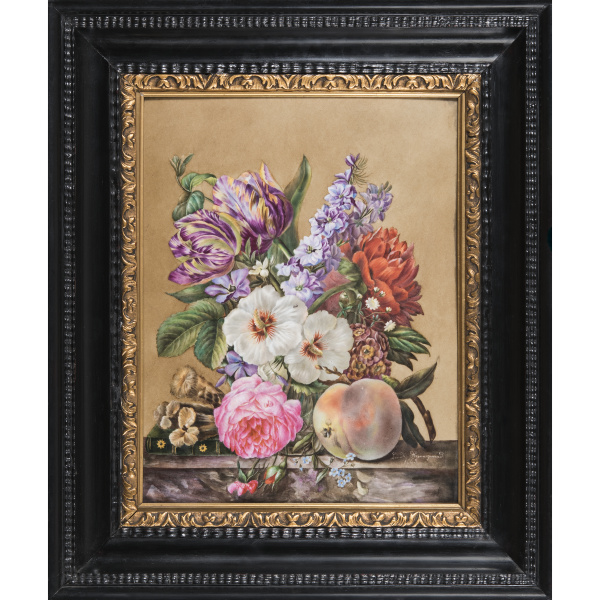 Фарфоровый расписной пласт «Натюрморт с цветами и персиком»
